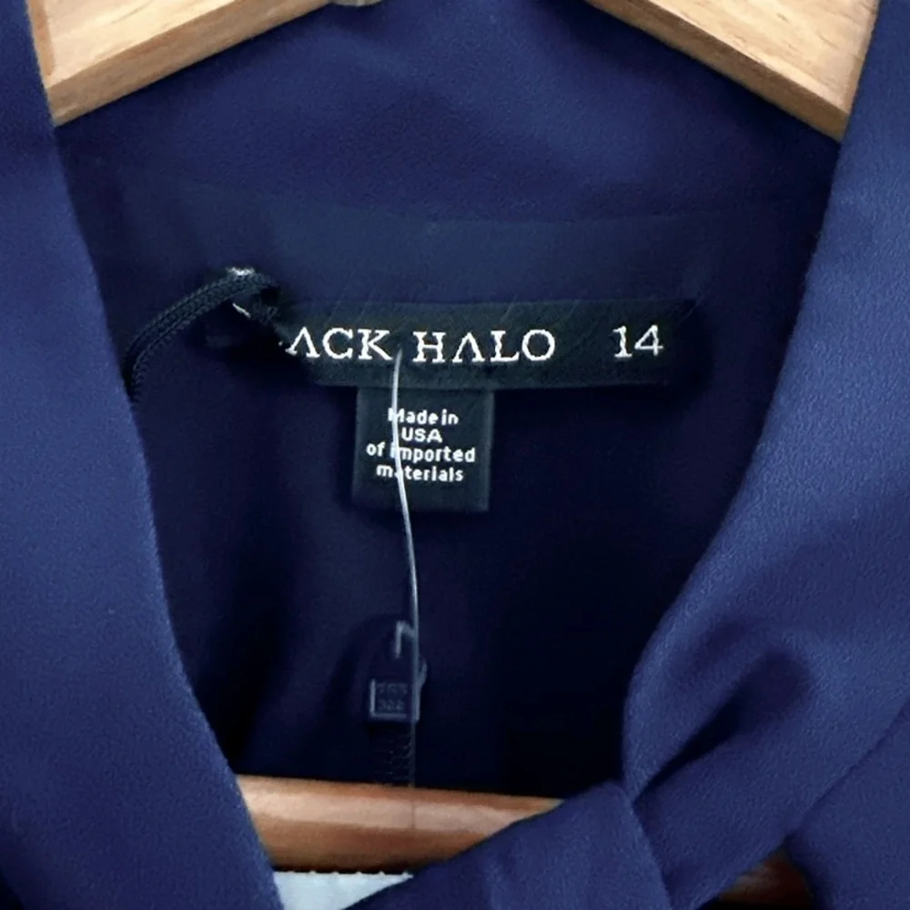 Black Halo Carolina Dress 14 Blue Career Sleeveless Modern Tie Neck Midi Length - Picture 9 of 16